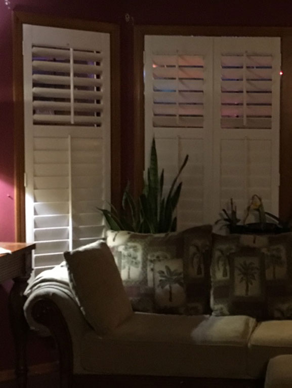 A living room with white shutters and a plant.